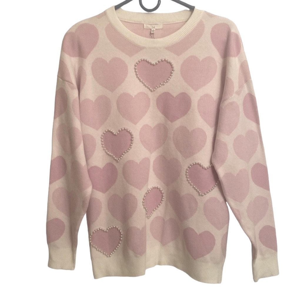 JOH Pink Women's White Pearl Heart Shaped Round Neck Sweater Soft L/S Small NEW - Picture 2 of 12
